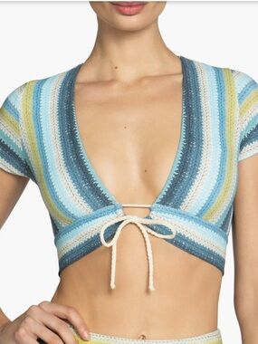 Robin Piccone Blue Lyra Stripe Cap Sleeve Crochet Bikini Top Size M